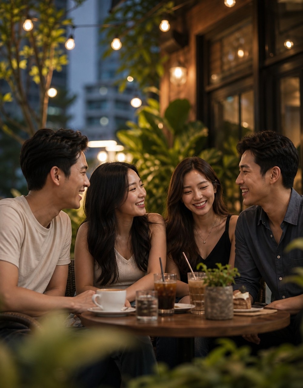 Nhóm bạn tại quán ngoài trời đang trò chuyện trong buổi tối